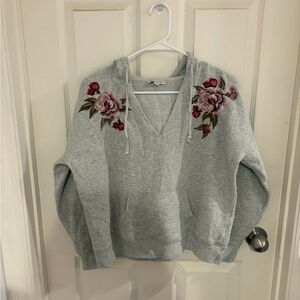 American Eagle Outfitters Gray Hoodie with Floral Embroidery
